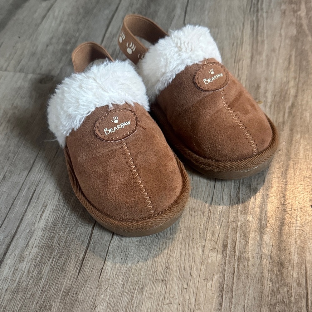 BearPaw Tan Suede Slippers with Cream Fur